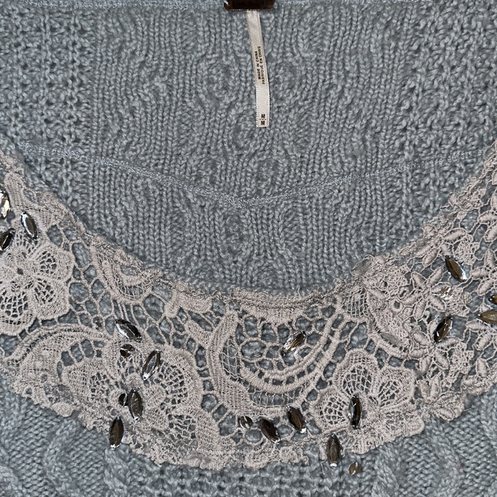 Free People Light Blue Aurora Embellished Lace Crochet Cable Knit Sweater - Picture 2 of 5